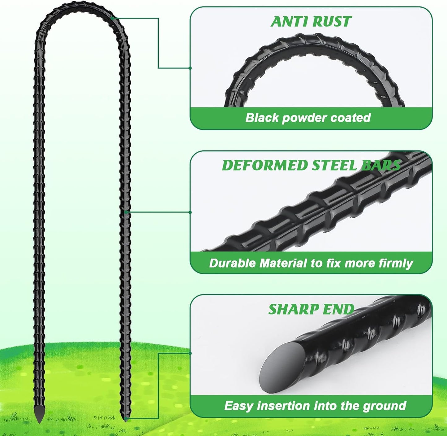 Trampolines Wind Stakes 12 Pack 12 Inch, Heavy Duty U Shaped Rebar Stake Ground Anchors Galvanized Steel Safety Trampolines Stakes for Camping Tents, Soccer Goals and Huge Garden Decoration