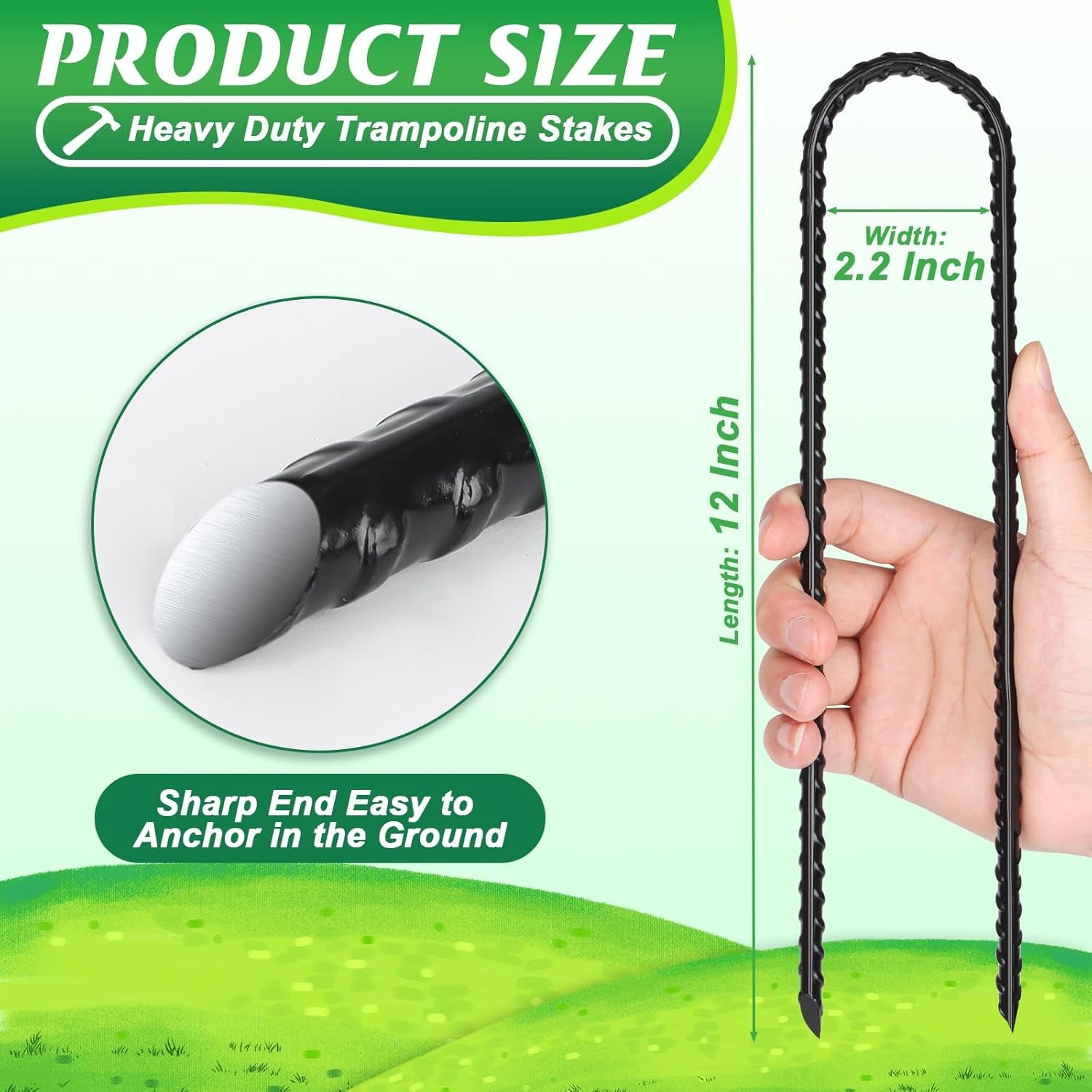 Trampolines Wind Stakes 12 Pack 12 Inch, Heavy Duty U Shaped Rebar Stake Ground Anchors Galvanized Steel Safety Trampolines Stakes for Camping Tents, Soccer Goals and Huge Garden Decoration